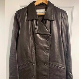VINTAGE BLANC BLEU Black Leather Peacoat Women’s Large (Fits Small) Double Breas